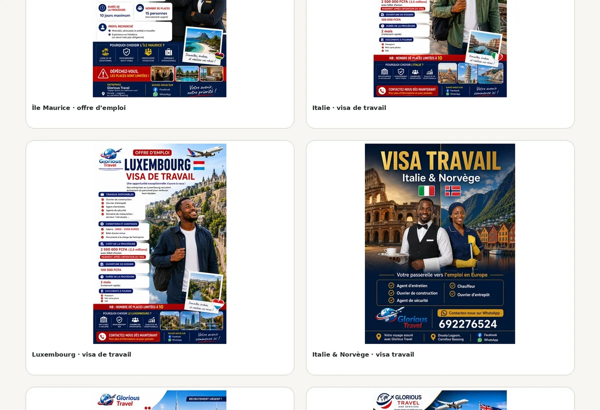 Sélection d'affiches d'offres internationales Glorious Travel